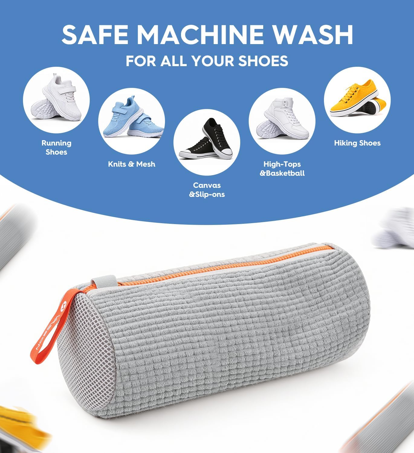 VASSON Shoe Washing Machine Bag, 2 Pack XL Laundry Bags for Sneakers | Heavy-duty thick material for noise reduction. Fits large shoes up to Size 13 - Cool Grey/Blue