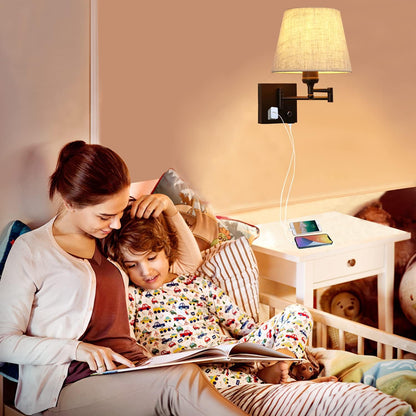 Bedside Wall Mount Light with Dimmable Switch and Outlet, Swing Arm Fabric Shade Wall Sconce Light with USB Port and Plug in Cord, Black Wall Lamp for Bedroom, Living Room and Hotel