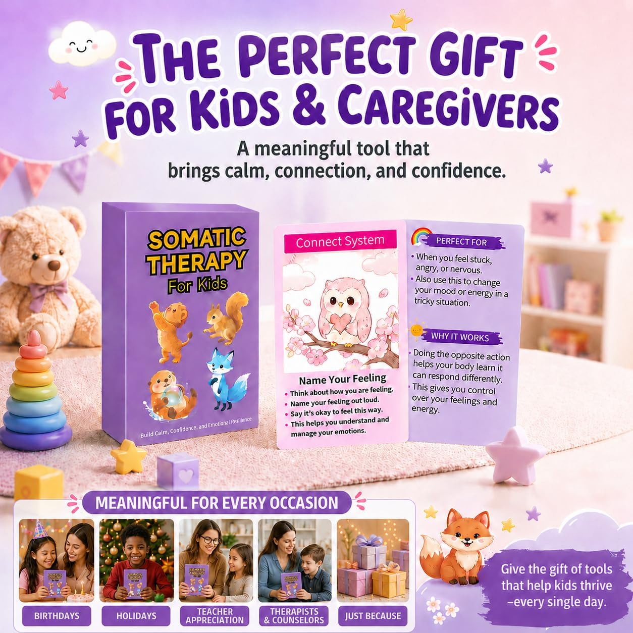 Somatic Therapy Cards for Kids, 52 Emotional Regulation Exercises Mindfulness, Calm, Focus & Coping Skills Therapy Tools for Home, School, Calm Down Corner Ages 5-12