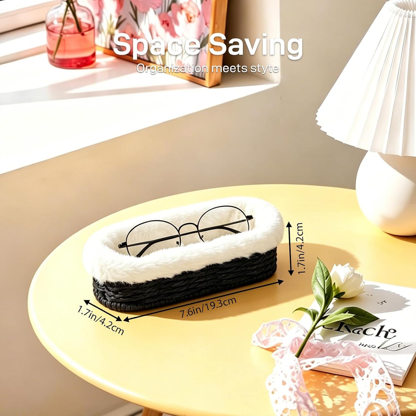 Glasses Holder, Paper Rope Plush Lined Eyeglass Holder Stand, Jewelry Key Tray Storage Organizer for Nightstand, Desk