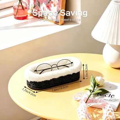 Glasses Holder, Paper Rope Plush Lined Eyeglass Holder Stand, Jewelry Key Tray Storage Organizer for Nightstand, Desk