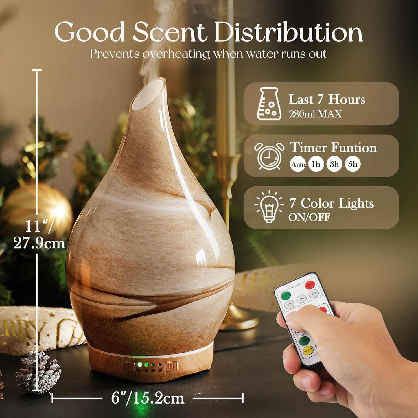 Porseme 280ml Remote Essential Oil Diffuser 3D Glass Ultrasonic Mist 7H | Elegant Handmade Glass Aroma Diffuser with 7-color LEDs, Quiet Aromatherapy and Safe Auto Shut-off, Perfect for Gifts
