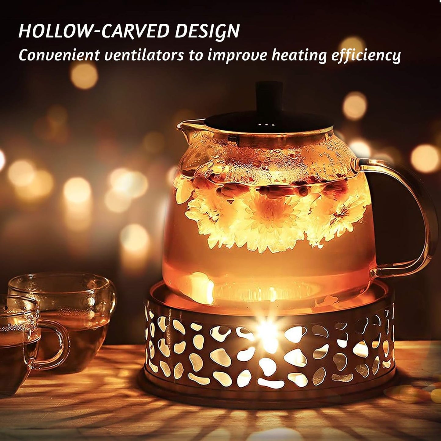 Teapot Warmer with Hollow Frame Design Candle Holder Stainless Steel Coffee Warmer Base for Glass Teapot and Other Heatproof Dish Warming Use