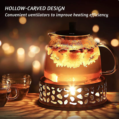 Teapot Warmer with Hollow Frame Design Candle Holder Stainless Steel Coffee Warmer Base for Glass Teapot and Other Heatproof Dish Warming Use