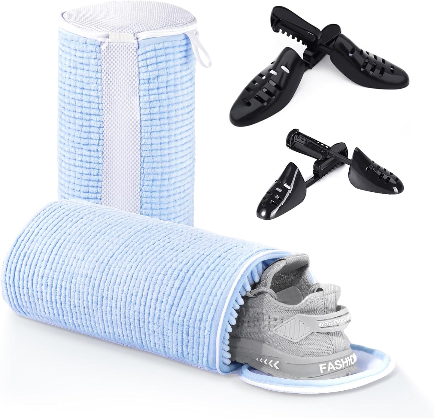 Shoe Washing Bag for Washing Machine, Fluffy Fibers Keep 360° Wrap-around Cleaning, Adjustable Shoe Trees, Durable Hidden Zipper Reusable Laundry Bag for Sneaker Gym Shoes White