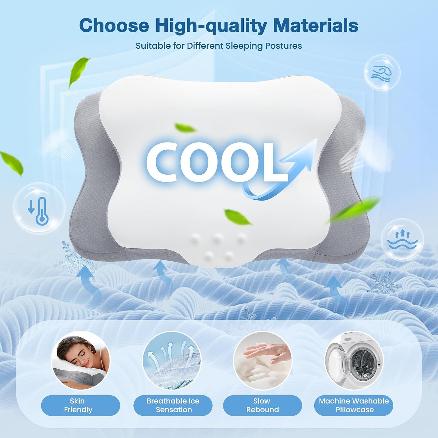 Cervical Pillow for Neck Pain Relief, Cooling Contour Memory Foam Pillows Support Odorless Ergonomic Neck Pillow Adjustable Orthopedic Bed Pillow for Side Back Stomach Sleeper with Pillowcase,Snow
