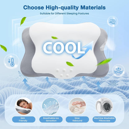Cervical Pillow for Neck Pain Relief, Cooling Contour Memory Foam Pillows Support Odorless Ergonomic Neck Pillow Adjustable Orthopedic Bed Pillow for Side Back Stomach Sleeper with Pillowcase,Snow