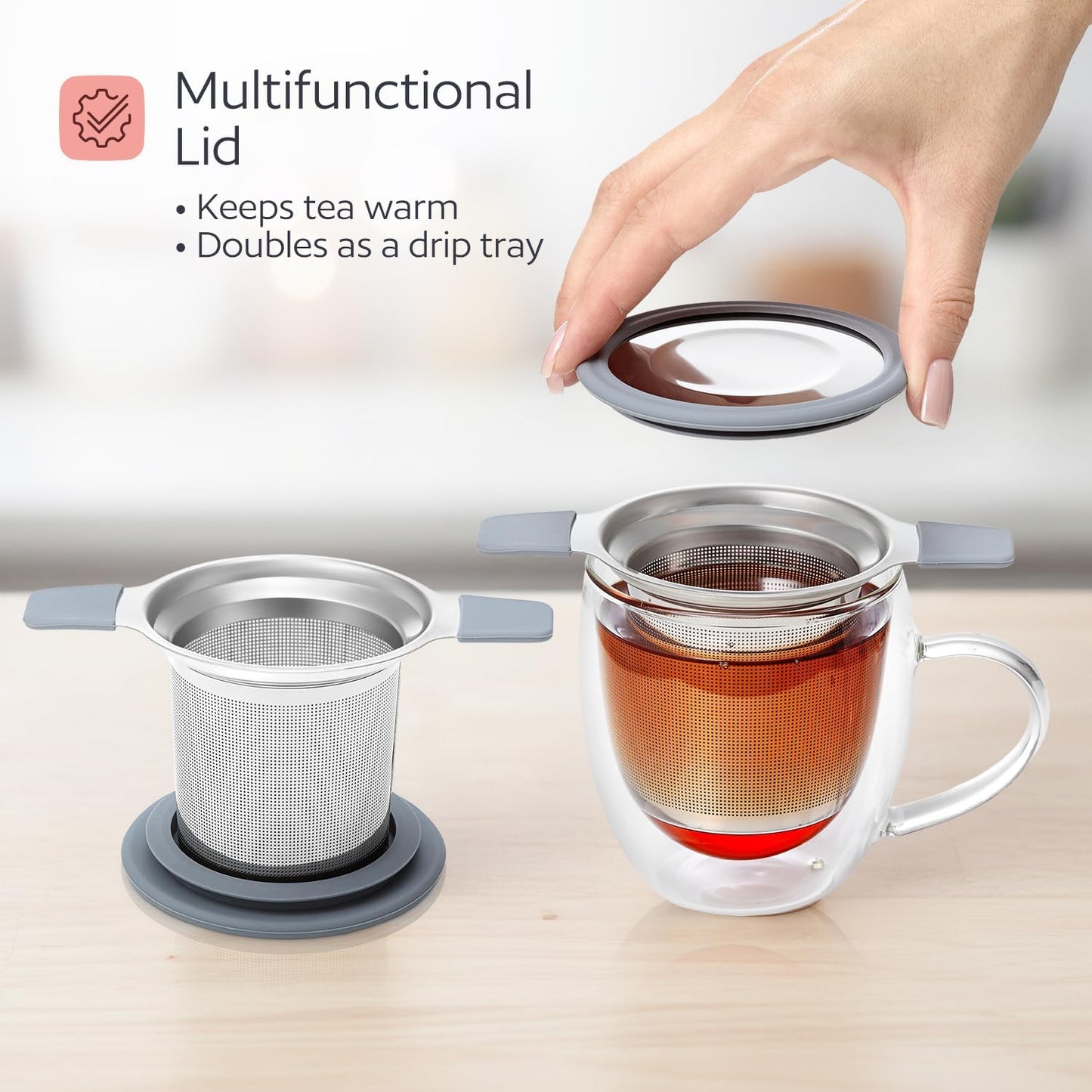 Stainless Steel Tea Infuser for Loose Leaf Tea – Extra Fine Mesh Strainer with Heat Proof Double Handles & Lid, Reusable Filter Fits Mugs, Cups & Teapots, Gray