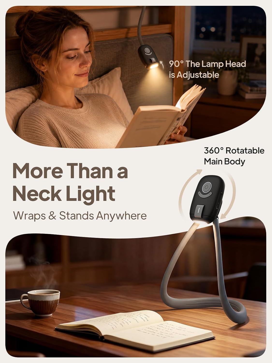 Neck Reading Light - Flexible Neck Book Light in Bed 3 Colors Hands free | Flexible Silicone Neck Holder, Stepless Dimming, 10 Brightness, 1H Timer, 80H Rechargeable, 2000mAh, USB-C, Eye Care