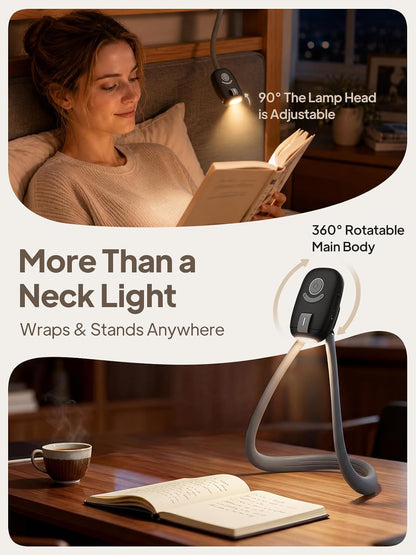 Neck Reading Light - Flexible Neck Book Light in Bed 3 Colors Hands free | Flexible Silicone Neck Holder, Stepless Dimming, 10 Brightness, 1H Timer, 80H Rechargeable, 2000mAh, USB-C, Eye Care