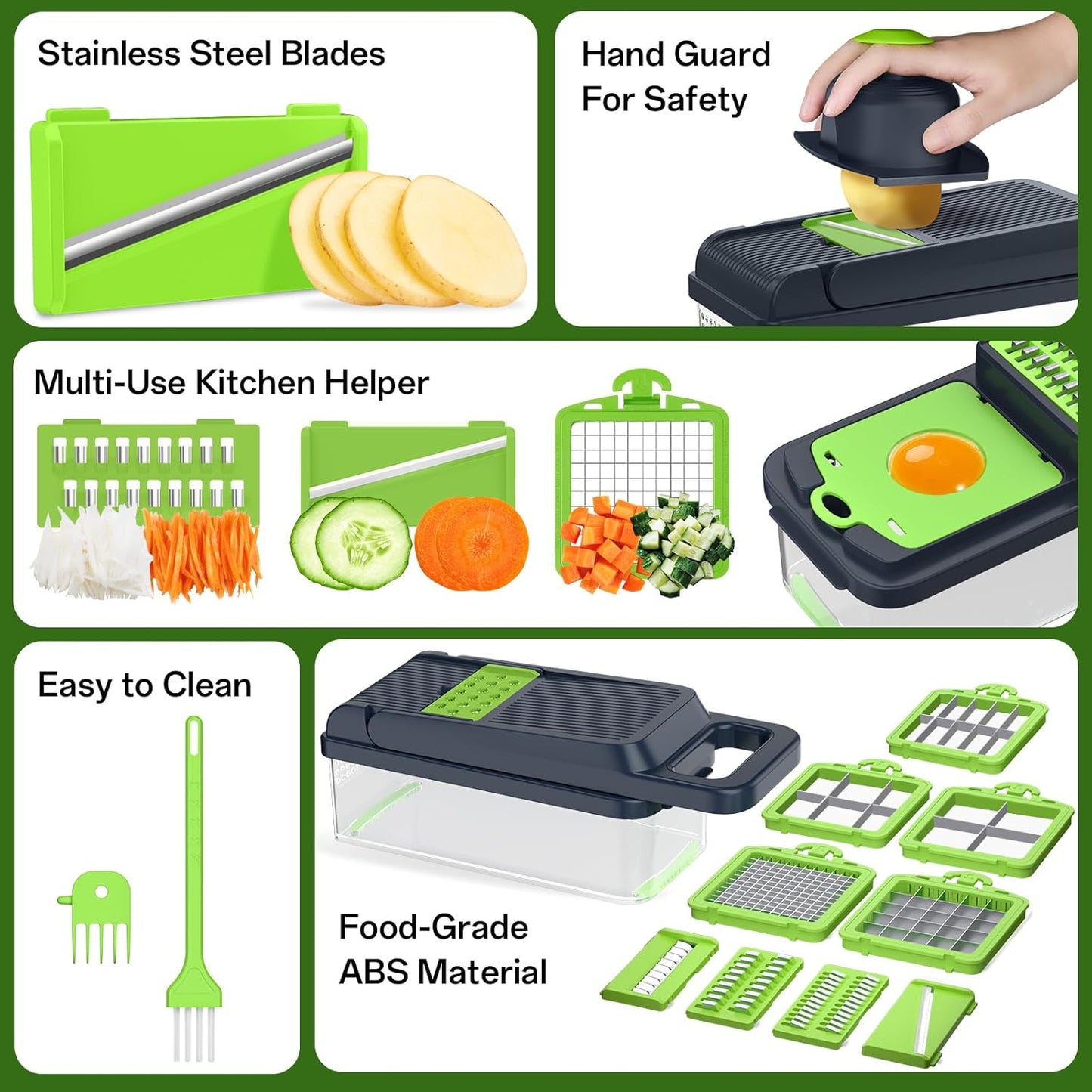 HomeHacks Vegetable Chopper Vegetable Cutter, 12 in 1 Kitchen Gadget, Dicer, Slicer, Onion Cutter, Salad, Cheese Grater & Egg Separator - Multi-Functional Veggie Chopper Lid with Handle (Green)