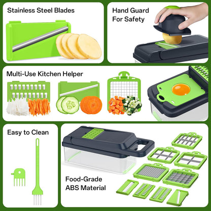 HomeHacks Vegetable Chopper Vegetable Cutter, 12 in 1 Kitchen Gadget, Dicer, Slicer, Onion Cutter, Salad, Cheese Grater & Egg Separator - Multi-Functional Veggie Chopper Lid with Handle (Green)