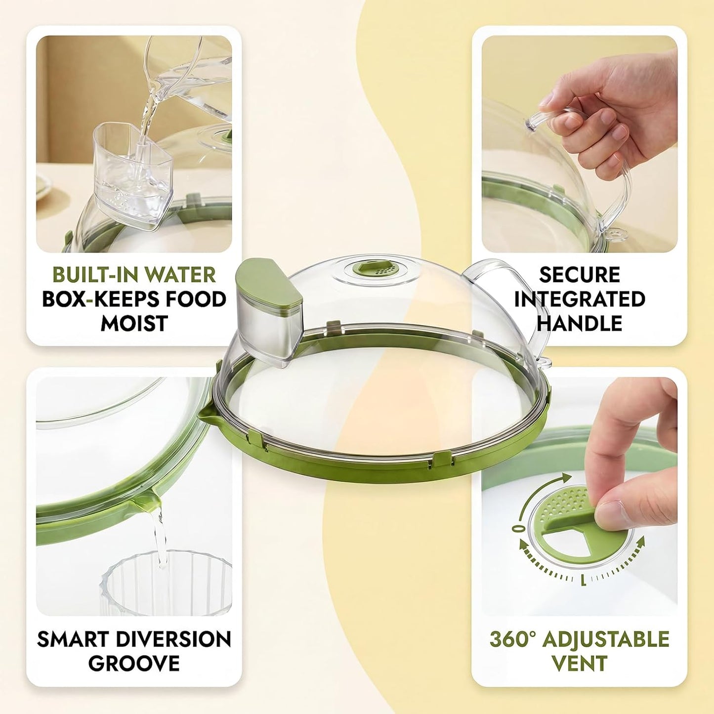 10-Inch Microwave Splatter Cover with Water Steamer, Green | Clear plate cover with adjustable vent and handle for plates, bowls, dishes and reheating leftovers