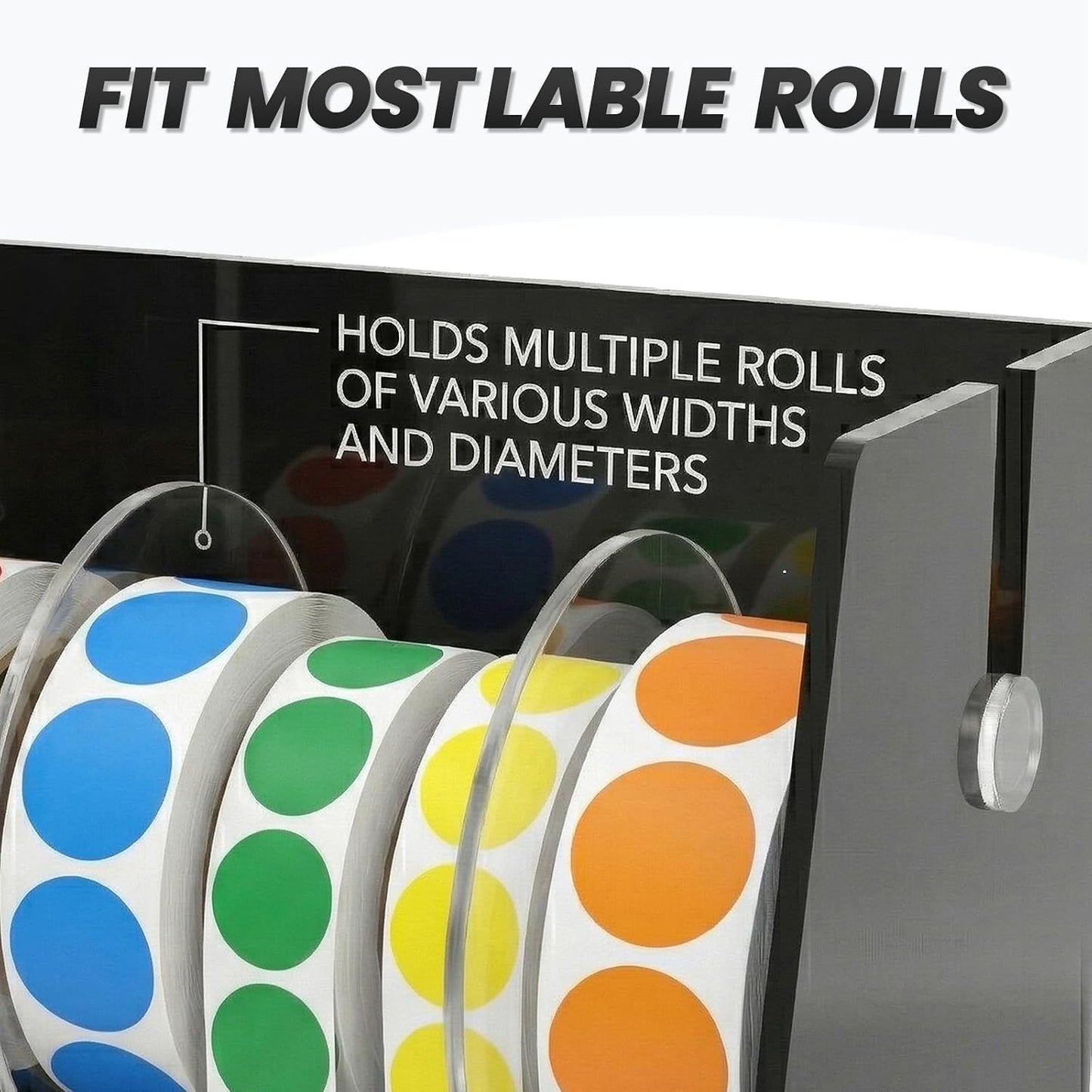 Sticker Dispenser Adjustable Label Roll Holder 2 Divider Disks | Holds 3 Rolls, Easy Assembly, Durable Acrylic, Fits Multiple Roll Sizes, Smooth Dispensing, Home, Office, Retail, Business