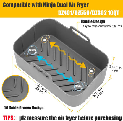 2Pcs Air Fryer Silicone Liners Rectangular for Ninja Foodi Dual DZ201 8QT | DZ090 6QT/Ninja DoubleStack SL201 8QT, MMH Reusable Airfryer Pot Baking Basket | Non-stick | Easy Cleaning | Food Safe | Gray