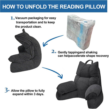 Reading Pillow for Bed with Arms, Back Support, Memory Foam（Grey Black） | Reading Pillow for Bed with High Arm Rests, Back Support Pillow for Sitting Up, Shredded Memory Foam for Reading, TV & Gaming