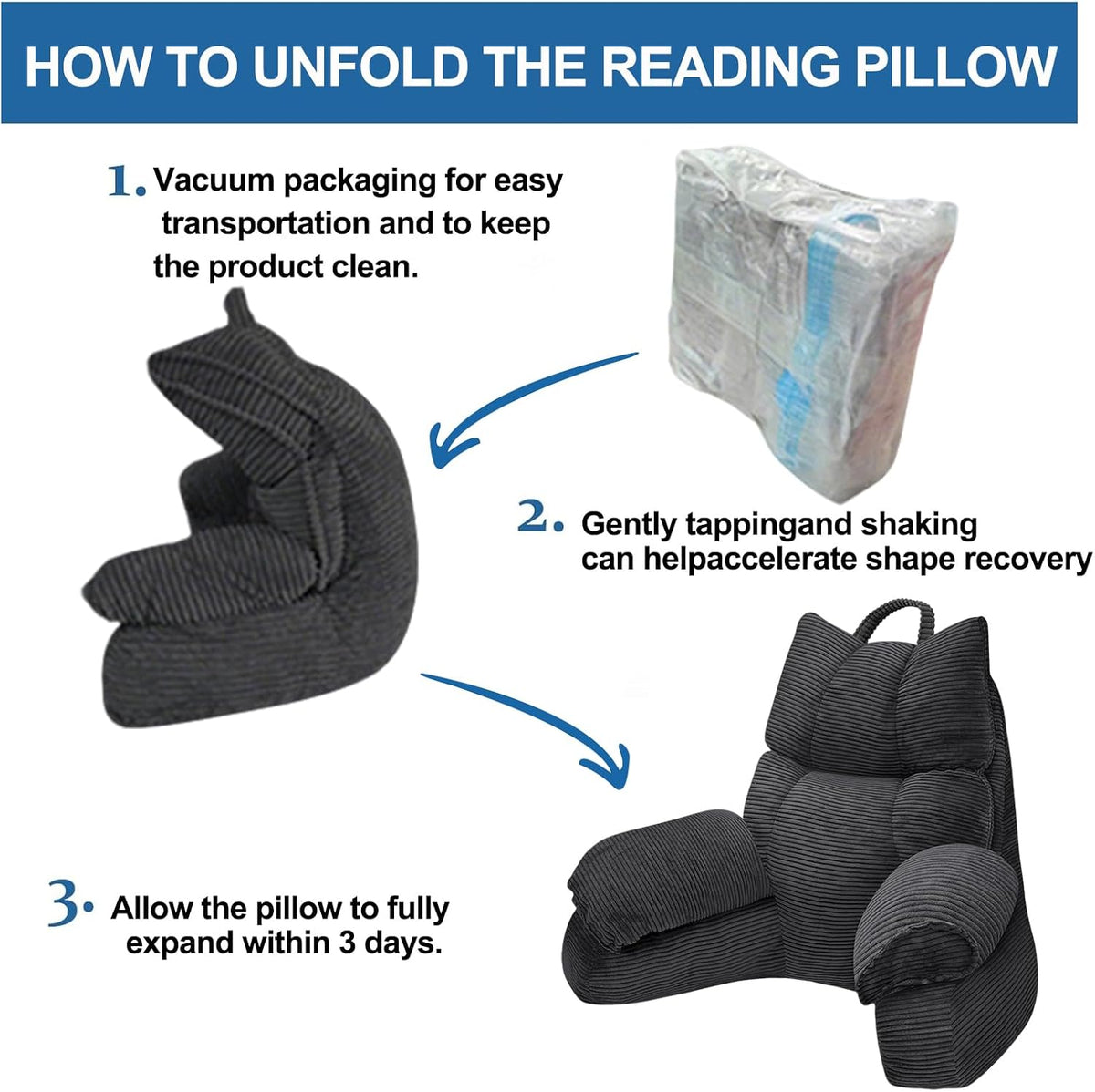Reading Pillow for Bed with Arms, Back Support, Memory Foam（Grey Black）