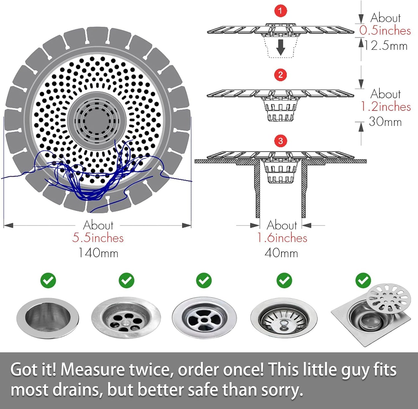 QAP Shower Drain Hair Catcher, Stainless Steel Bathtub Strainer 2-Pack | Efficient clog prevention; Rustproof durable silicone; Easy cleanup rim; Universal snug tub fit