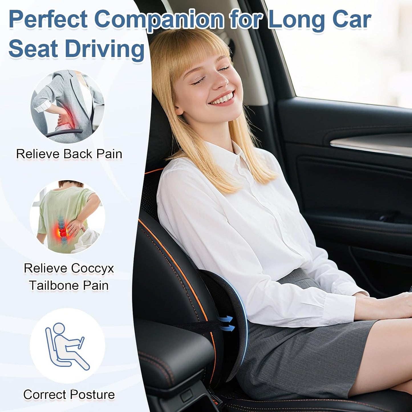 BYMECOST Lumbar Support Pillow for Car, Ergonomic Back Cushion | Memory Foam Lower Back Support Cushion with Strap for Driving, Lumbar Pillow for Pain Relief, for Office Chair, Long Sitting