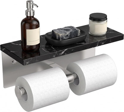 FORIOUS Toilet Paper Holder with Shelf, Commercial Toilet Paper Dispensers | Brushed Nickel | Wall Mount Bathroom Tissue Holder | SUS304 Stainless Steel Rustproof | Double Tissue Roll Holder