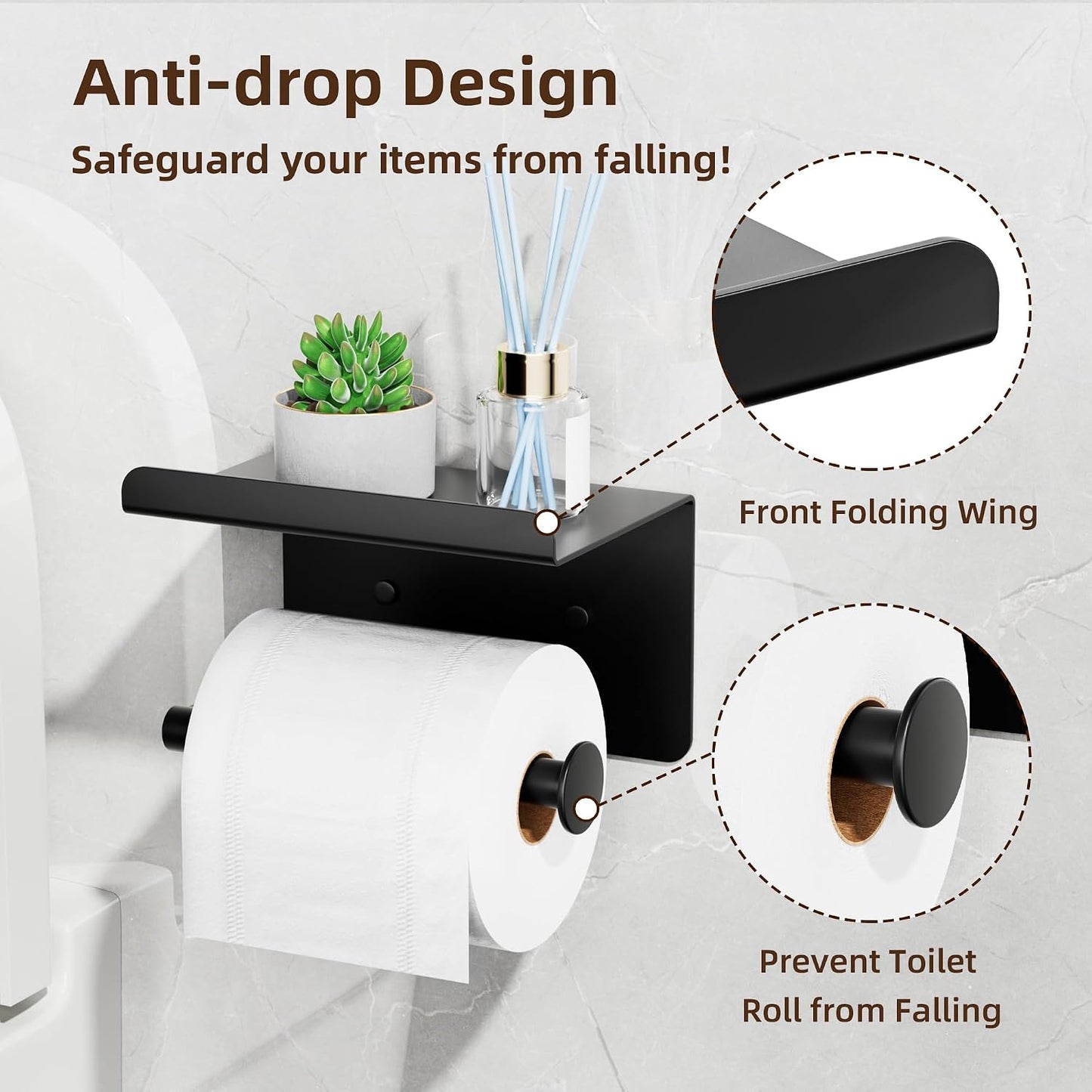 Adhesive Toilet Paper Holder with Shelf, Stainless Steel, Silver | Two Installation Ways:Self Adhesive or Wall Mount, Stick On Toilet Paper Holder, Peel and Stick, Bath Tissue Holder, Bathroom