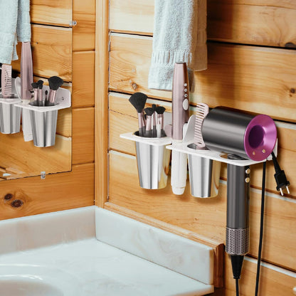 Hair Tool Organizer Wall Mount, White Acrylic Hot Tool Holder with 2Cups, Bathroom Hair Styling Accessories Storage Organizer for Flat Iron, Blow Dryer, Curling Wand