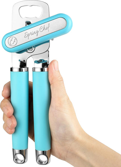 Spring Chef Stainless Steel Manual Can Opener with Soft Grip Handles, Black | Heavy Duty Hand Can Opener for Seniors with Smooth Edge, Easy Turn, 3in1 Can Opener with Magnetic Lid Remover & Bottle Opener