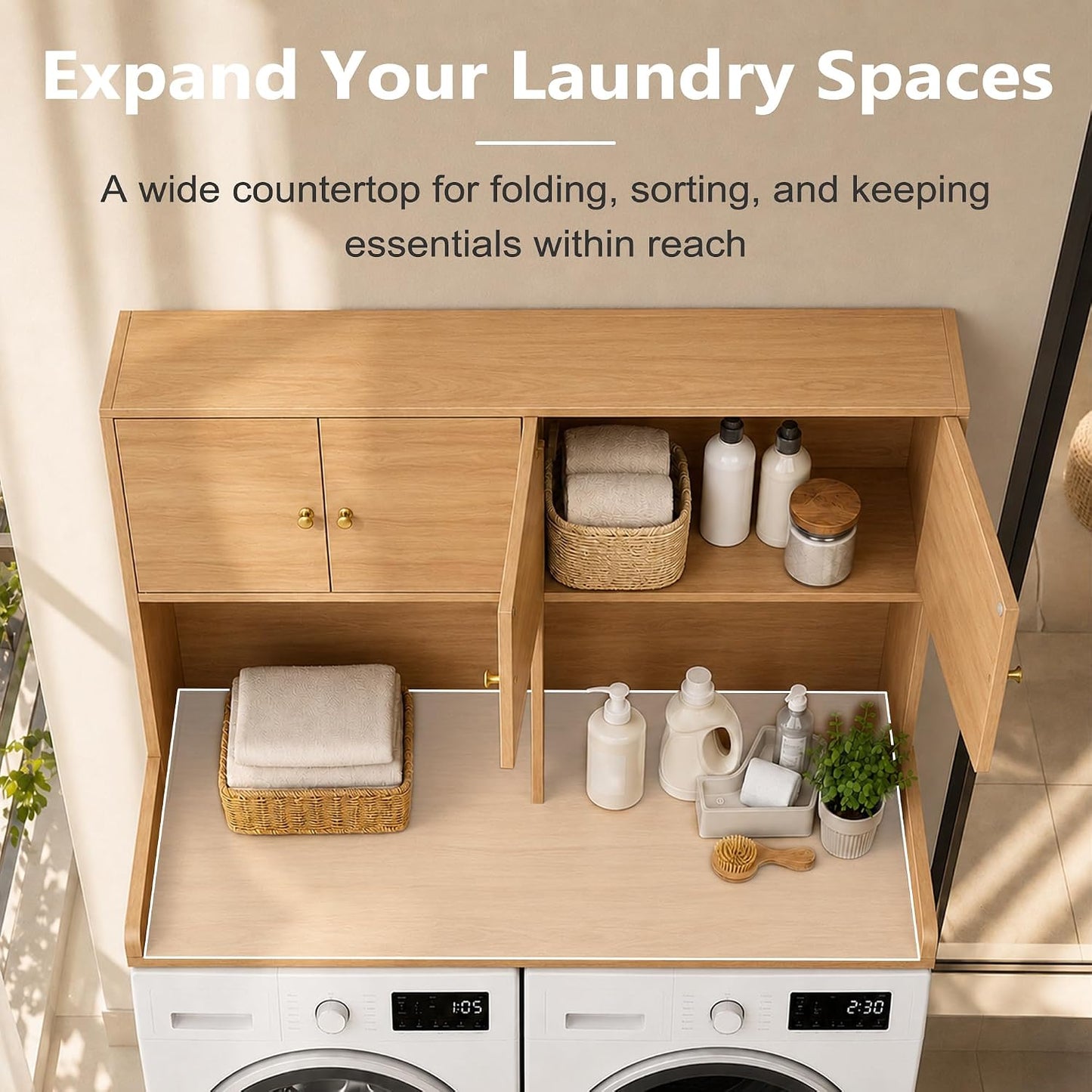 Washer Dryer Countertop with Cabinets, 2-Tier Laundry Countertop with Shelf | Washer and Dryer Topper with Edge, Over Washer and Dryer Shelves for Laundry Room, Universal Fit, 54.5"Wx27.5"Dx32.5"H