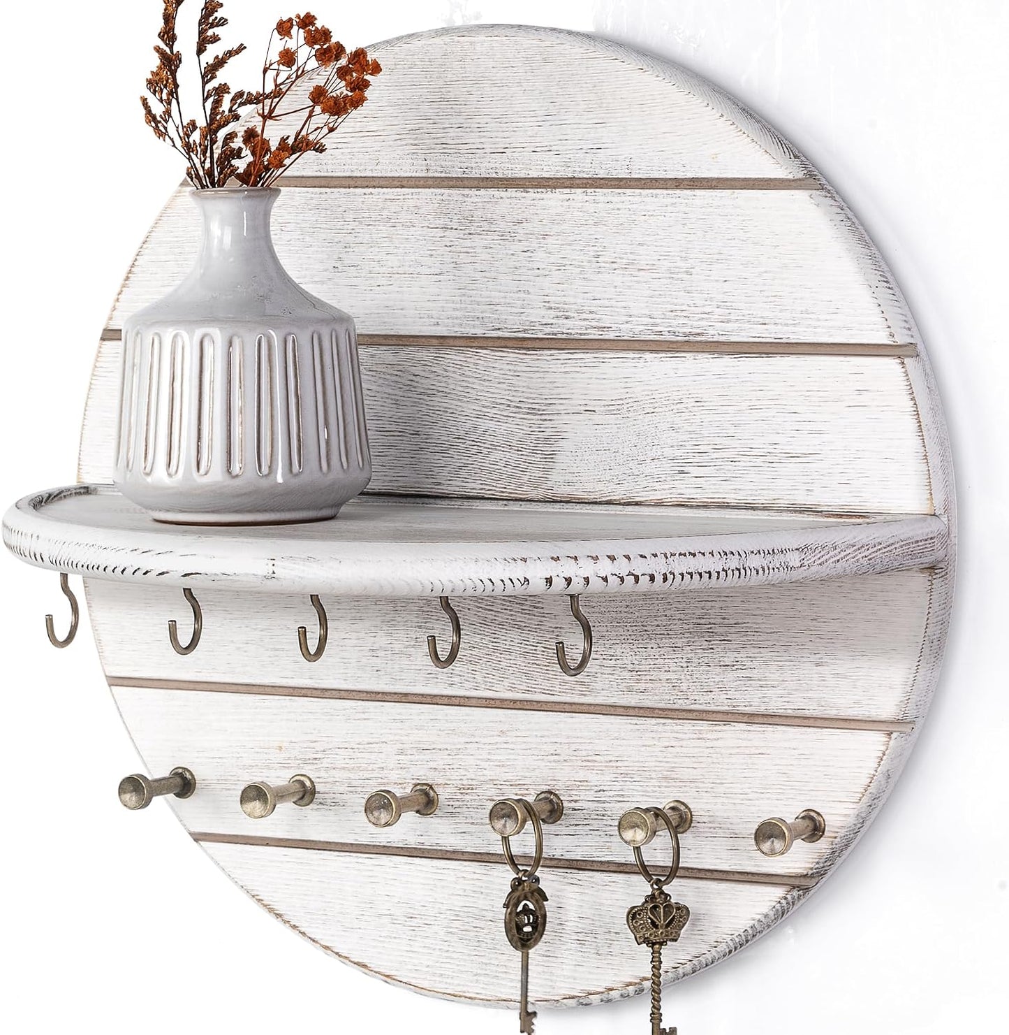 Rebee Vision Pine Wood Round Key Holder Wall Mount for Home Decor, Brown | Round Corner, Key Hooks for Dog leashes & Sunglasses, Display Shelf for Plant & Letters, Mail Organizer, Home Essentials