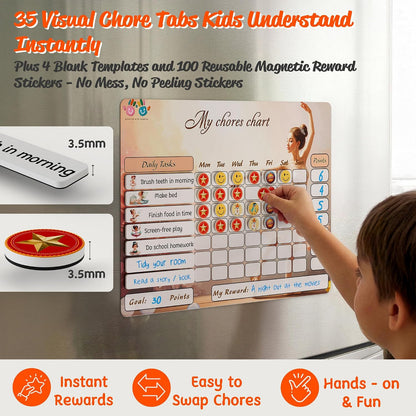Mimi Doodle Magnetic Chore Chart for Kids – 16x12 Dry Erase Daily Responsibility Board for Fridge with 39 Chore tabs, 100 Reward Stickers – Behavior Chart for Kids at Home – Simple Theme