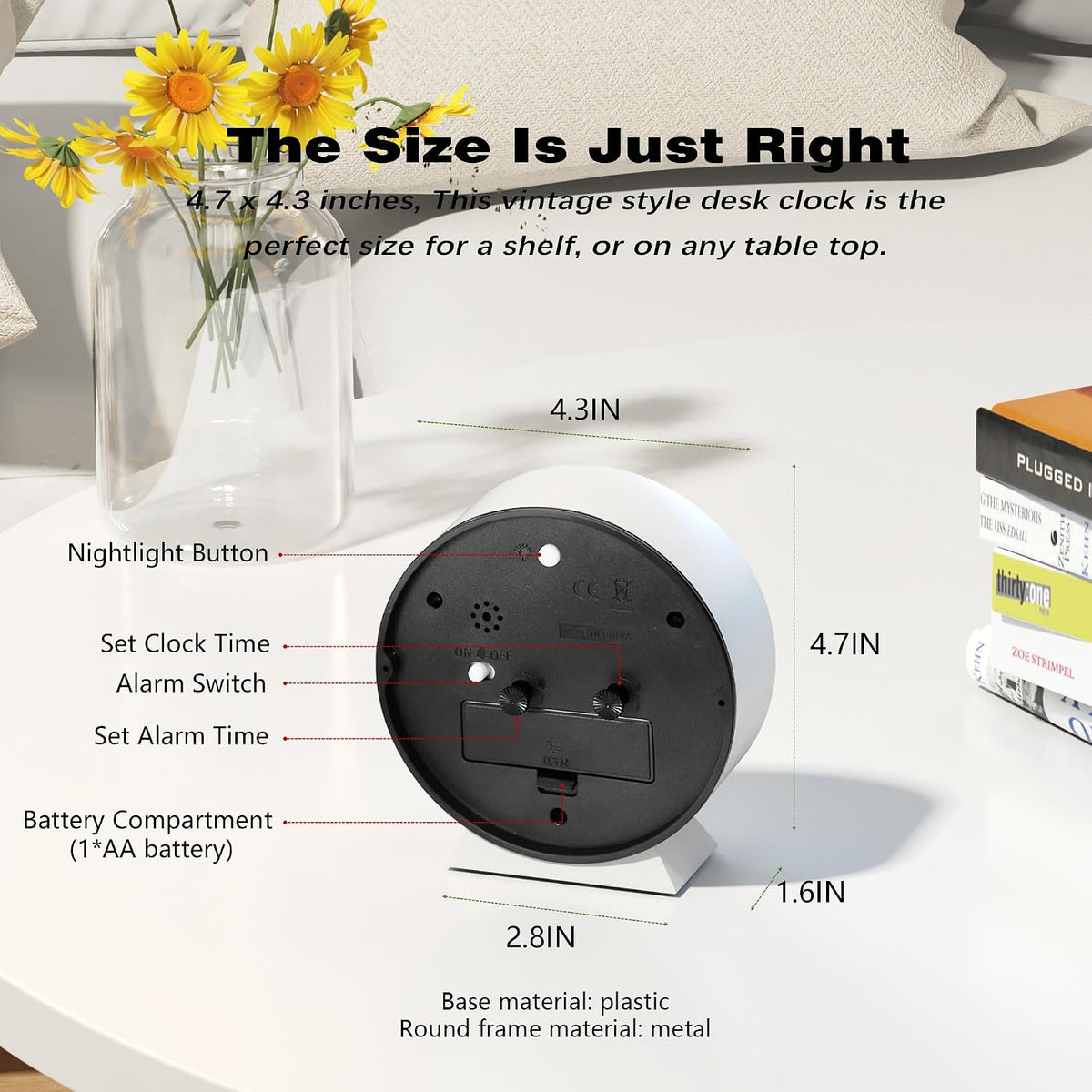 AYRELY® 4.5" Analog Alarm Clock, Small Retro Desk Clock and Table Clock