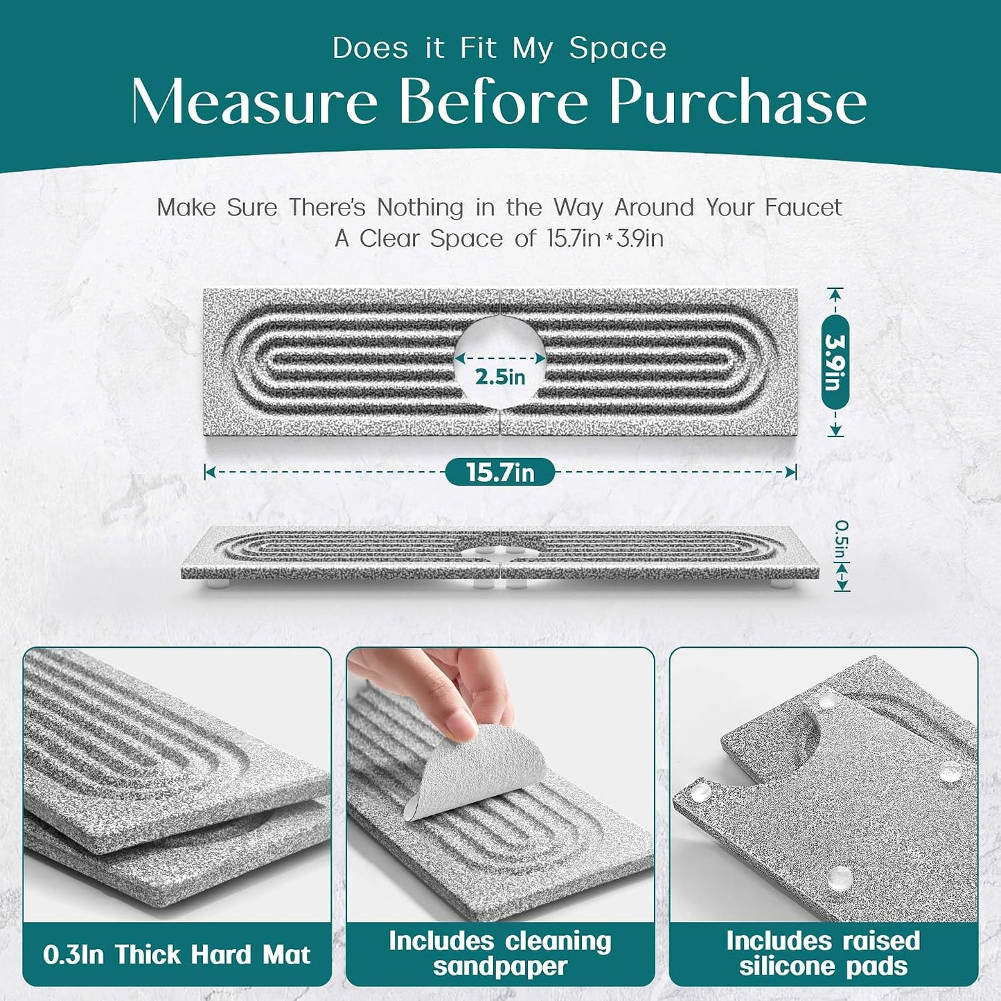 Stone Faucet Mat for Kitchen Sink – Diatomite Drying Stone Mat & Sink Protector, Prevents Moisture – Sink Splash Guard Water-Absorbing Stone Tray for Bathroom Counter (Light Grey, 20" x 3.9")