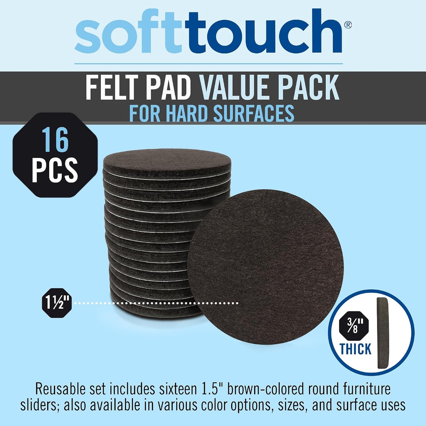 SoftTouch Assorted Size Round Mini Self-Stick Furniture Slider Felt Pads for Hard Surfaces, Noise-Reducing Adhesive Furniture Moving Pads for Beds, Sofas, Dressers, 46-Count, Brown