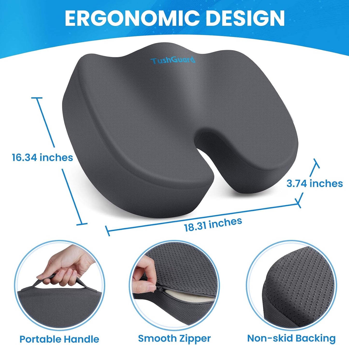TushGuard Seat Cushion for Office Chair, Memory Foam Chair Cushion, Black | Office Chair Cushion for Car, Airplane - Chair Pad, Butt Pillow for Long Sitting Sciatica, Hip, Coccyx,Tailbone Pain Relief