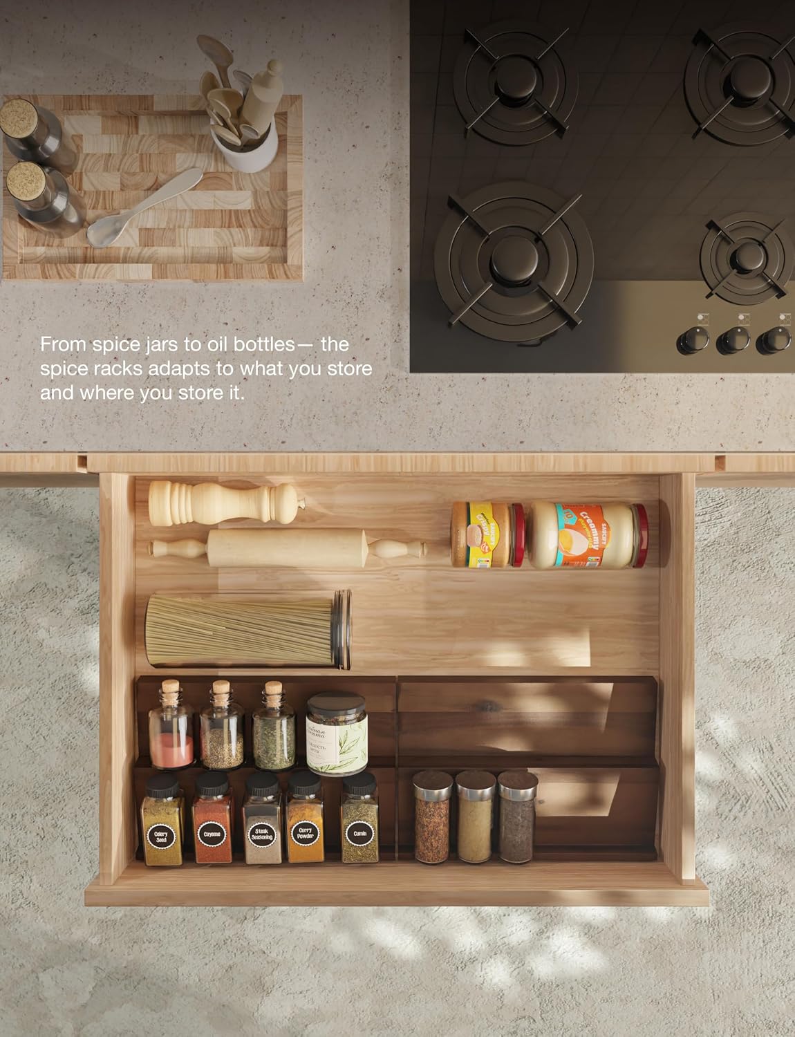 Tinamo Acacia Wood 4-Tier Spice Rack Organizer for Cabinet, Pack of 8 Pcs | Solid Acacia Wood Construction, No assembly, Stackable 4-tray design, Spacious for up to 64pcs 4oz Jars, Easy to Clean