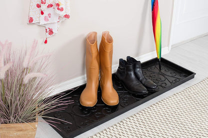 Anji Mountain Heavy Duty Waterproof Rubber Shoe Storage Mat Organizer/Boot Storage Tray Multi Use For Entryway with Coir, Tan Insert, Fits 2 Pair (24.5" Wide)