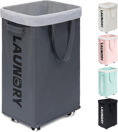 Goodpick 75L Laundry Basket with Wheels & Removable Wash Bag for Dorm | Rolling Laundry Basket with Handles for Dirty Clothes, Fodable Hamper for Laundry Room, Dorm Room Essentials, Grey