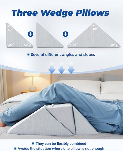 Fanwer Positioning Wedge Pillow for Side Sleeping (3 in 1), 40 Degree Triangle Bed Wedges & Body Positioners for Back Pain, Preventing Bedsores, After Surgery, Knees Elevated, Pregnancy