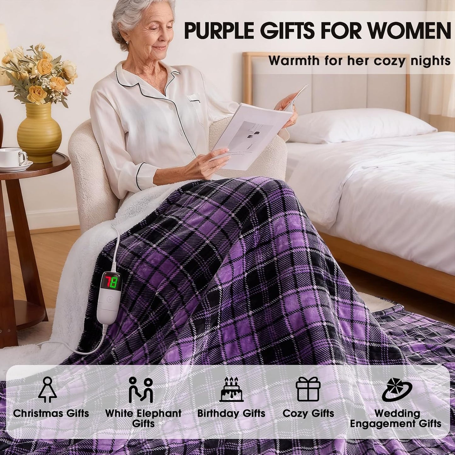 Heated Blanket Electric Throw 50X60 Heating Blanket with 10 Heating Levels 8 Hours Auto Off, Blue Plaid Sherpa Blankets Winter Warmer, Home Decor for Couch Bed Office,Gifts for Mom, Women,Washable