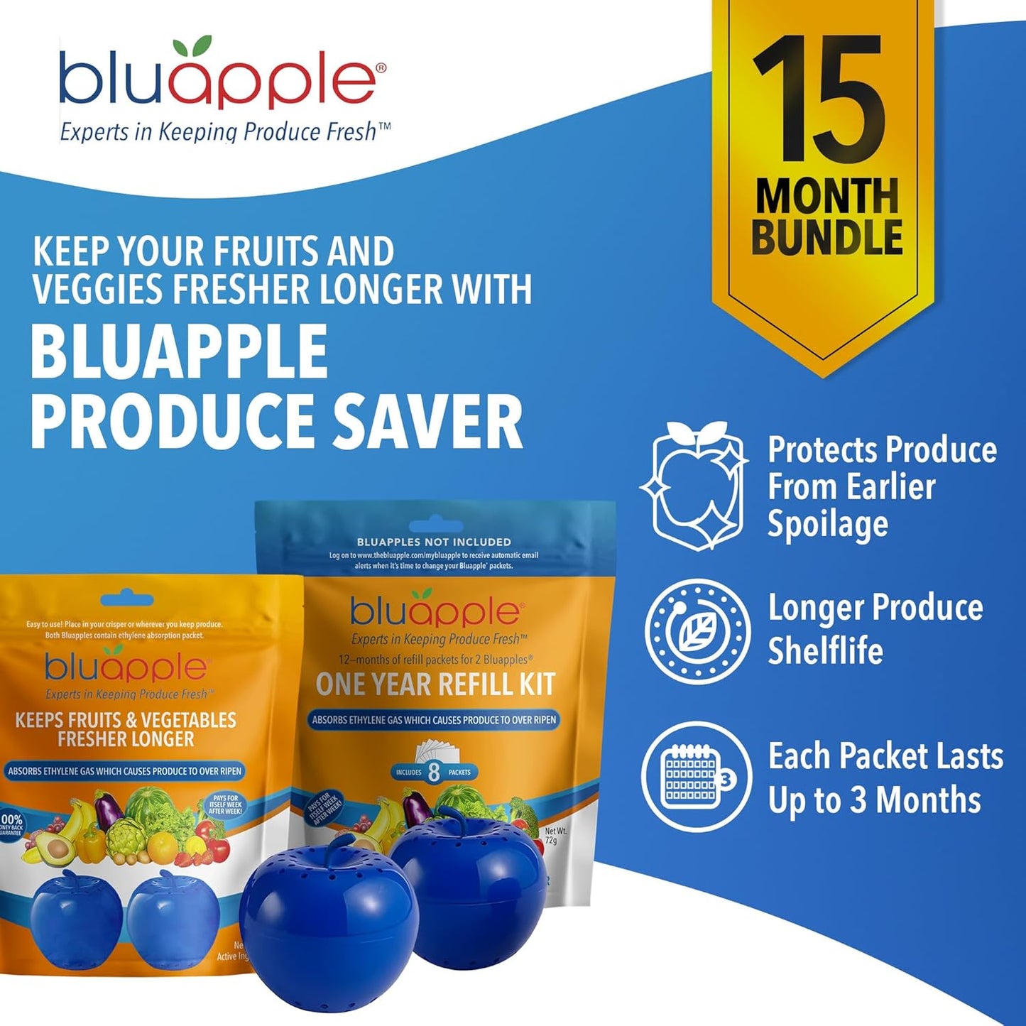 Bluapple Produce Saver Ethylene Gas Absorber - Fresh Fruit & Vegetable Storage for Refrigerator Crisper, Shelves & Fruit Bowls, Produce Keeper, Fruit Saver, Kitchen Must Haves, BPA-Free - 2-Pack