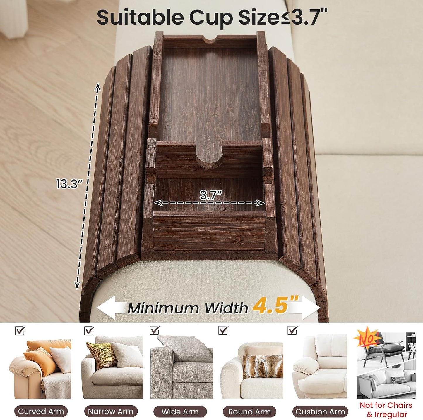 GEHE Couch Cup Holder, Anti Falling Sofa Arm Tray, Natural Bamboo Sofa Cup Holder More Safe for Your Family, Portable Couch Arm Tray Armrest Table for Remote, Snacks, Drinks