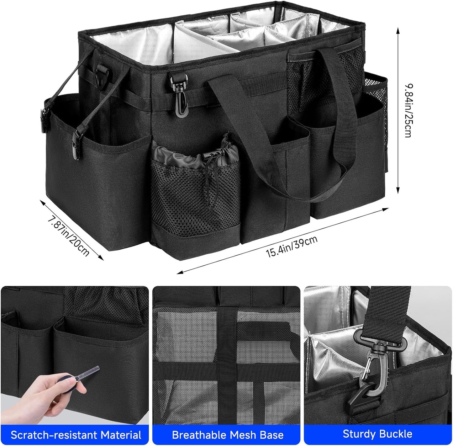 Cleaning Caddy Bag, Extra Large Cleaning Supply Bag for Housekeepers,Black | Sturdy Cleaning Caddy Organizer for Cleaning Supplies with Handle and Adjustable Shouder Strap, Easy to Clean Design
