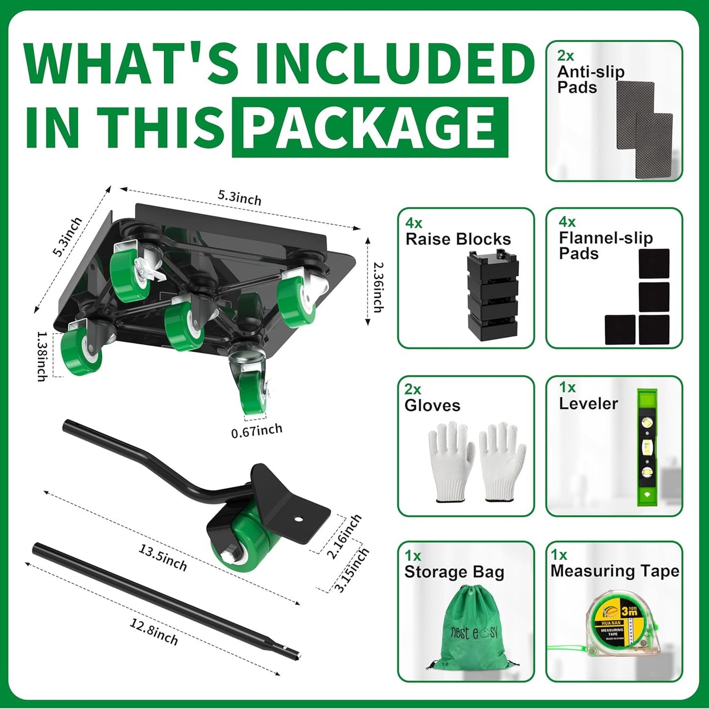 Heavy Duty Furniture Dolly 360 Rotate 5 Wheels 3000 Lbs Capacity 5.3x5.3 in | Furniture Movers with Green Wheels, Measure Tape & Leveler, Alloy Steel Furniture Lifter Tool for Smooth Home & Office Uses