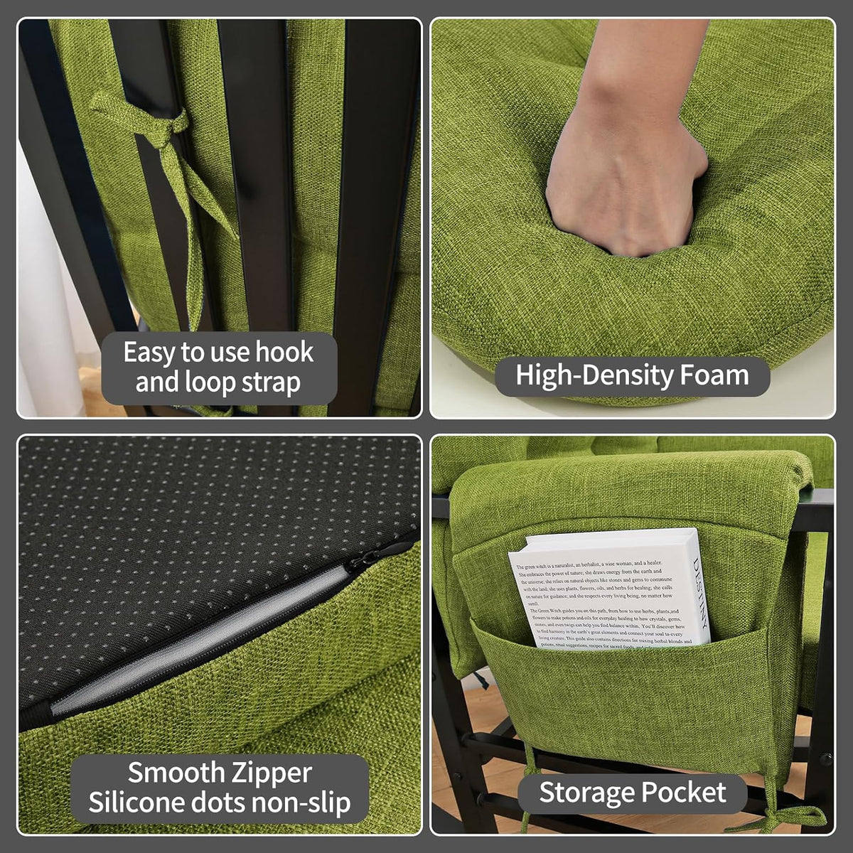 BUYUE Glider Rocker Replacement Cushion 5 PCS with Ties, Linen High-Density Foam Non-Slip & Washable Rocking Chair Pads for Sitting,Red