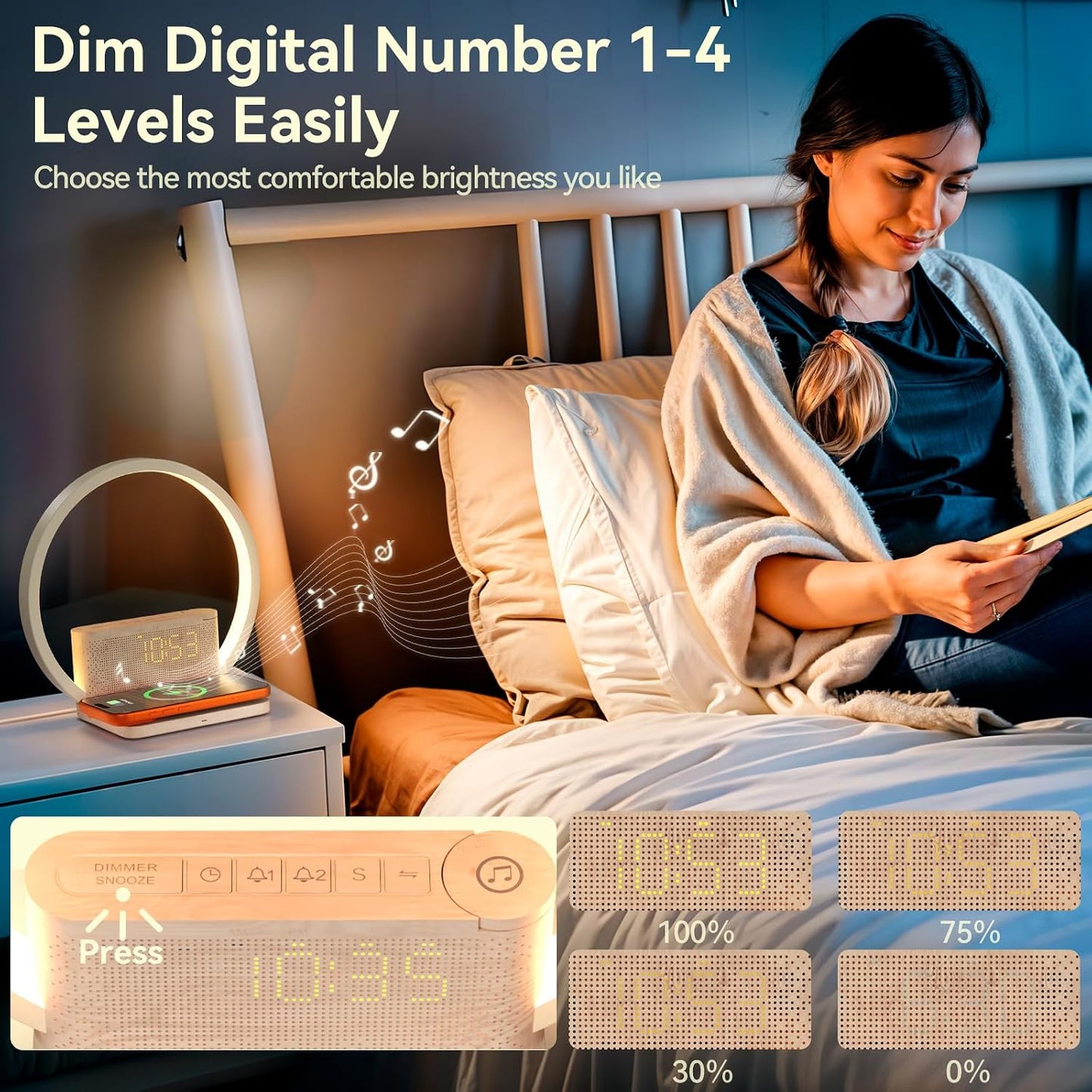 Vivilumens Sunrise Alarm Clock Wireless Charger, 10 White Noise Sound Machine Alarm Clock with 30/60/90 Mins Timer, 3 Levels Touch Night Light Dual Clocks for Heavy Sleeper Bedroom Decor Gift for Her
