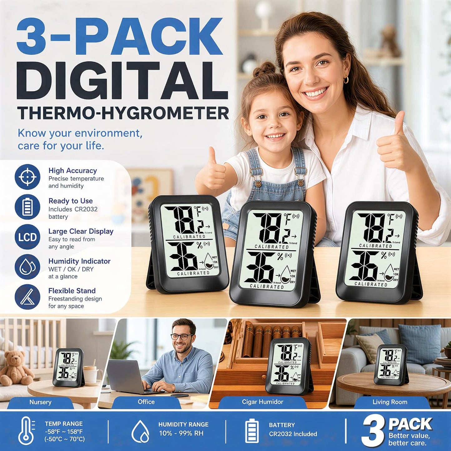 AyayaBoss 3 Pack Room Thermometer Indoor Hygrometer | Mini Size, Monitor Temperature & Humidity, Accurate Fast Read, Easy To View, Kickstand/Hanging/Wall Adhesive, ℉/℃, w/ Battery