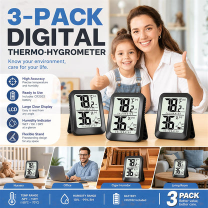 AyayaBoss 3 Pack Room Thermometer Indoor Hygrometer | Mini Size, Monitor Temperature & Humidity, Accurate Fast Read, Easy To View, Kickstand/Hanging/Wall Adhesive, ℉/℃, w/ Battery