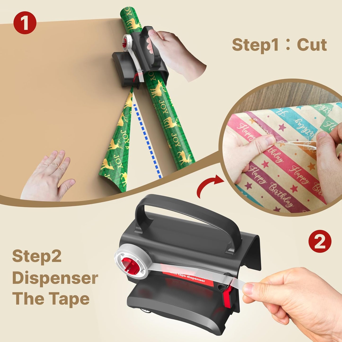 Wraprocut (2-Pack) Wheel Wrapping Paper Cutter & Tape Dispenser with 4 Tapes，2 Replace Blades Kit for Christmas Gift Wrap Cutter Tool Paper Roll Holder Tube Sliding Slicing for Birthday Holiday.