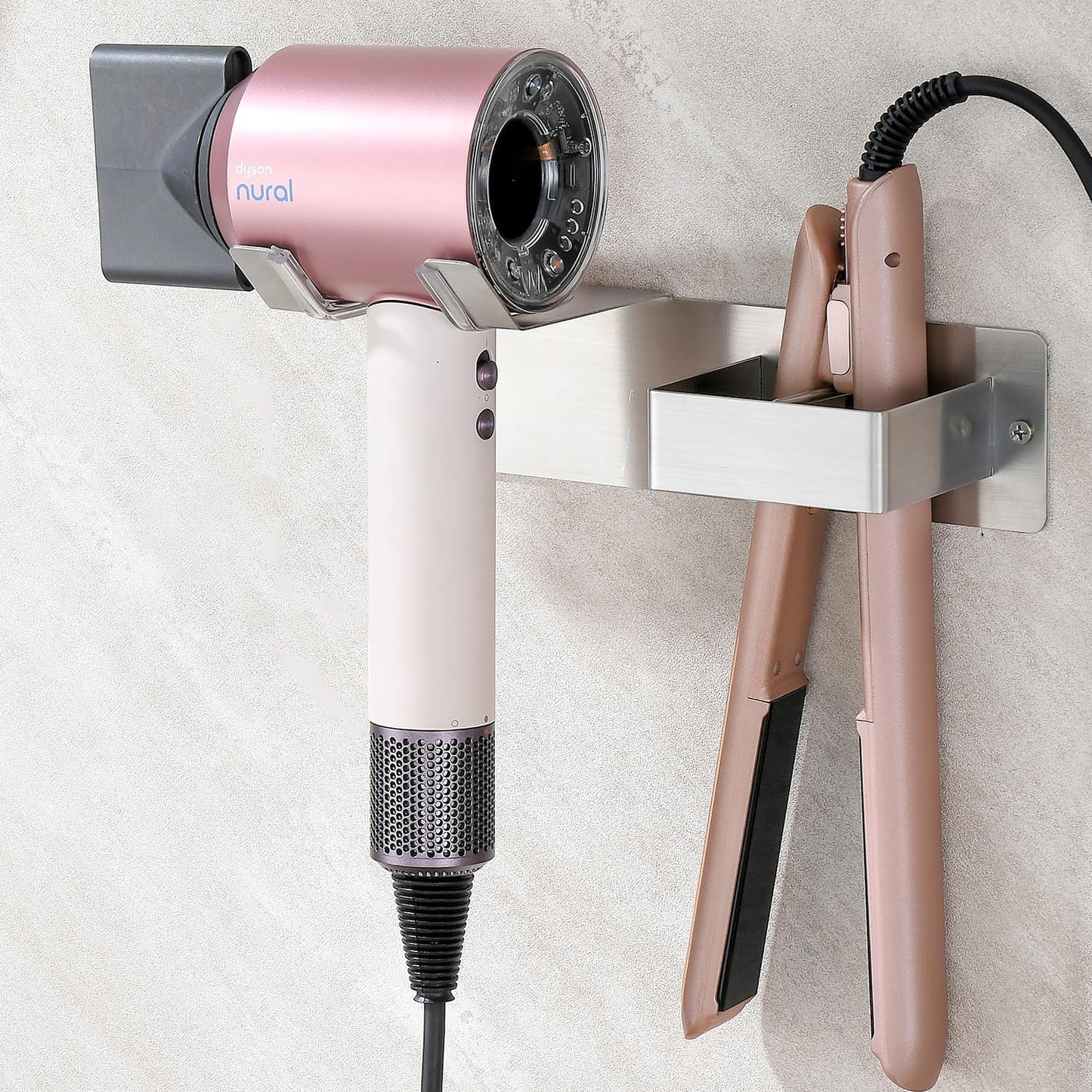 Hair Dryer Holder Wall Mounted, Stainless Steel Blow Dryer Holder for Bathroom, Hair Dryer and Straightener Holder Adhesive or Drilling, Hair Tool Organizer for Salon Barber Shops Banjekt