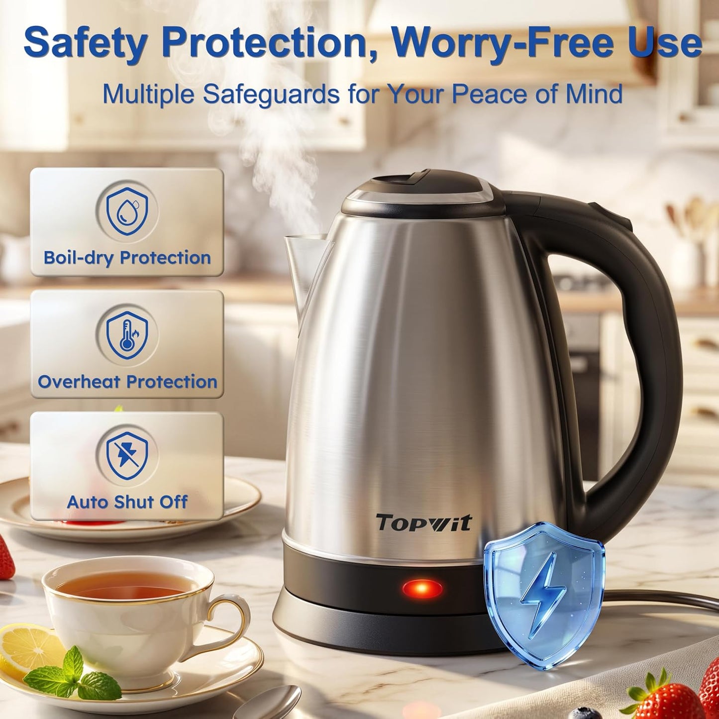 TOPWIT 2.0L Glass Electric Kettle, Hot Water Boiler, BPA-Free | Stainless Steel Bottom & Lid, Fast Boil, Auto Shut-Off & Boil-Dry Protection, No Plastic Odor | for Tea, Coffee, Home, Office